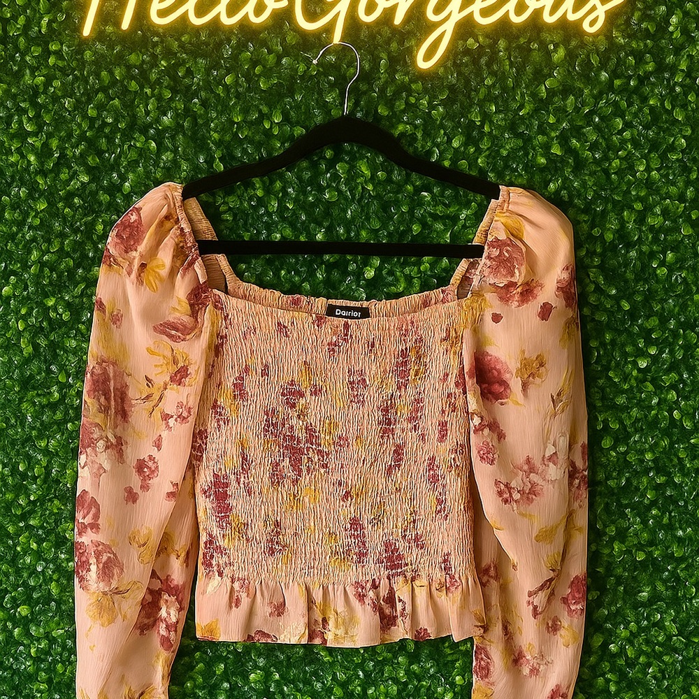 Express Pink Floral Puff Sleeve Smocked Blouse
